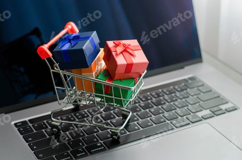 Preview: Black friday mini shopping bags in cart on the keyboard Online shopping ideas