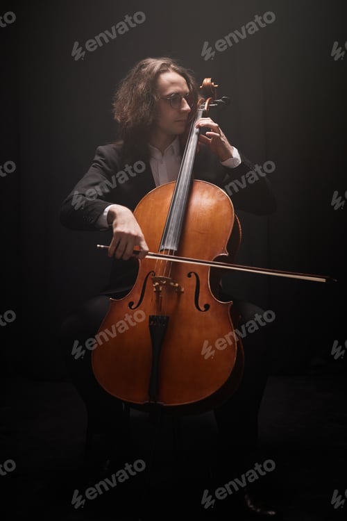 Preview: Virtuoso Cello Instrumentalist in Black Suit Rehearsing Suite