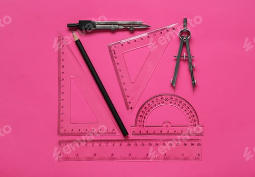 Preview: Flat lay composition with different rulers and compass on pink background