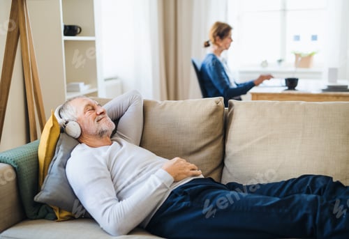 Preview: A happy senior couple indoors with a pet dog at home, using laptop and headphones.