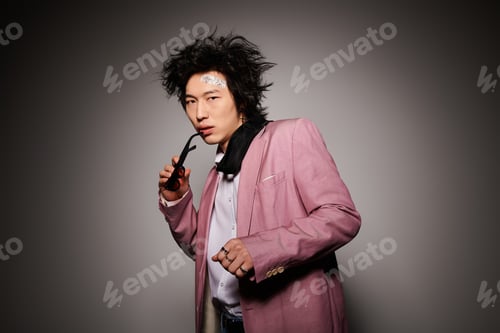 Preview: Stylish spring fashion showcase featuring a confident Asian man in a studio environment