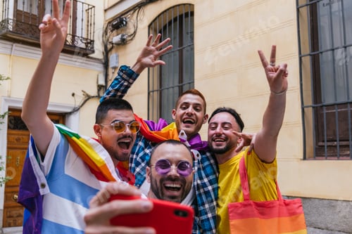 Preview: Joyful Gay Friends Capture Pride, Smiles, and Friendship in Colorful Selfie at Doorstep