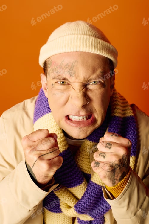 Preview: Young man with tattoos expressing strong emotions against a vibrant orange backdrop