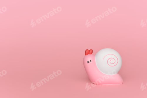 Preview: Toy pink snail with a white shell carapace on a pink background.