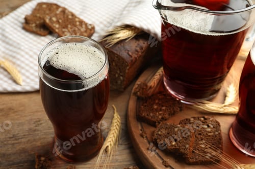 Preview: Delicious kvass, bread and spikes on wooden table