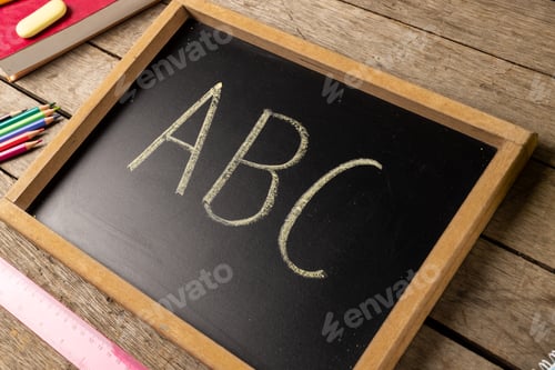 Preview: Composition of blackboard with abc and school items on wooden background