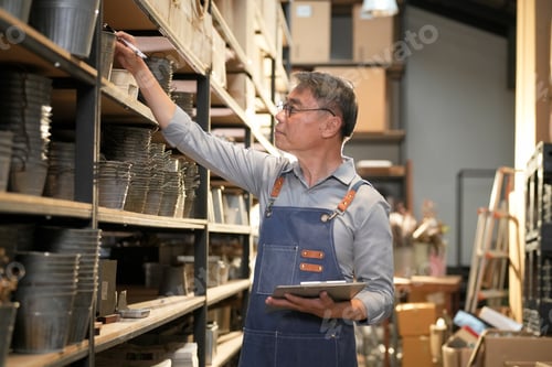 Preview: Mature Asian man in apron checking inventory on shelves with clipboard