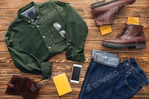 Preview: Top view of smartphone, male clothes and brown boots on wooden background