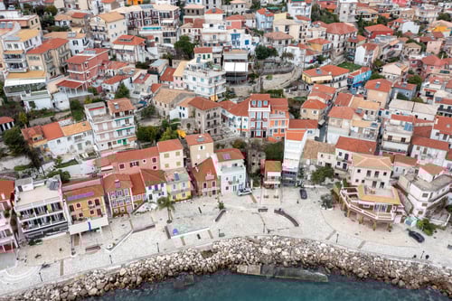 Preview: Parga, Greece. Aerial drone view of traditional Ionian coast city buildings