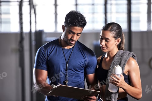 Preview: Coach planning workout, schedule and training with athlete for active, fitness and wellness in a gy
