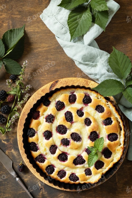 Preview: Sweet pie with blackberry and custard on wooden table.