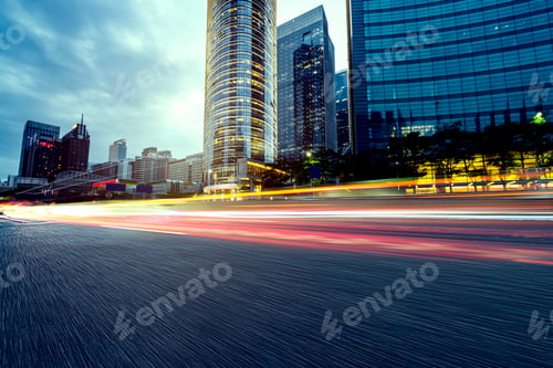 City Skyline at Night with Light Streaks