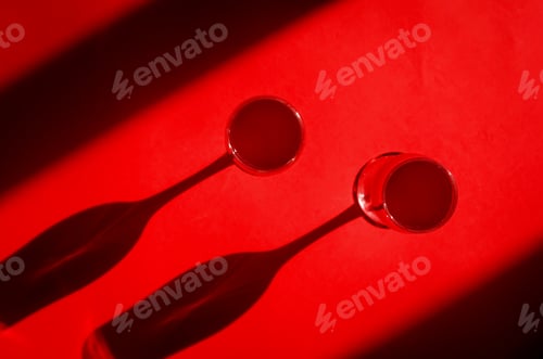 Preview: Two glasses with red wine on red background in natural sunlight with shadows