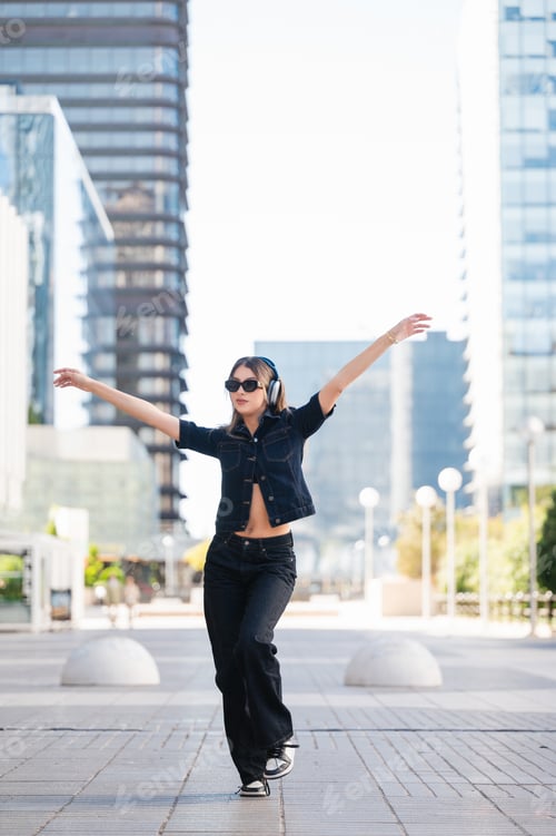 Preview: Young woman dancing freely in urban city street
