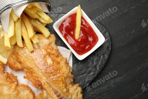 Preview: British Traditional Fish and chips with sauce and lemon on dark textured table, top view
