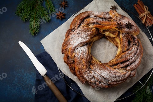 Preview: Christmas pie roll with cinnamon and powdered sugar on a dark old concrete or stone background. Sele