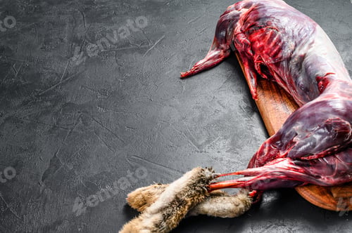 Preview: Whole forest wild hare, raw meat on wooden deck, old black rustic table. top view, copy space