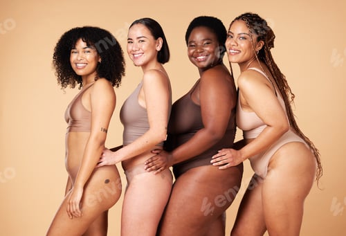 Preview: Diversity women, body shape and portrait of group together for inclusion, natural beauty and power.