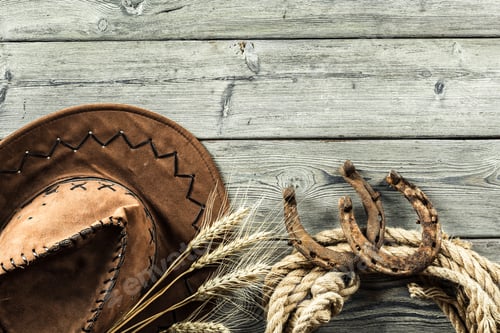 Preview: Hat and horseshoes on wooden table with wheat and rope at a ranch setting
