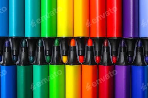 Preview: Many colorful markers as background, top view. Rainbow palette