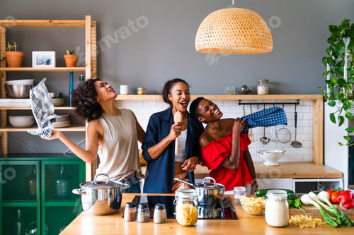 Preview: Three mixed race hispanic and black women bonding at home