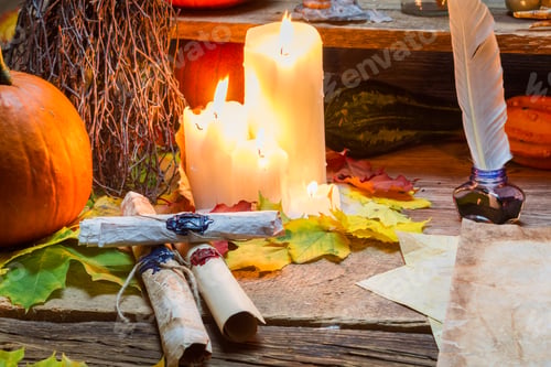 Preview: Magic scrolls and candle on the old scribe table