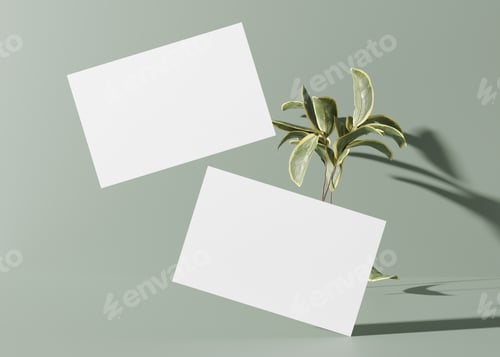 Preview: Blank white business cards with small sprig on pastel green background. Natural mock up