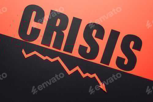 Preview: to view of word crisis and recession arrow on black and red background divided by sloping line