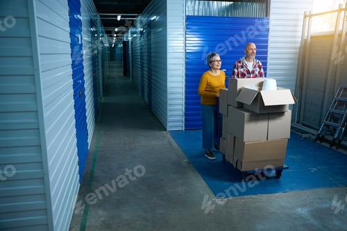 Preview: Two people carry things in boxes on a cart