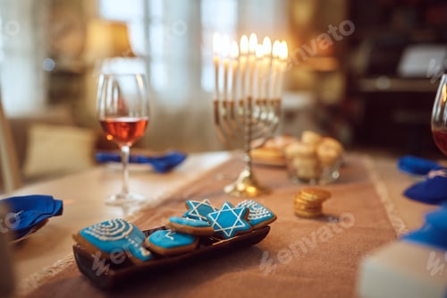 Preview: Hanukkah decorated cookies on the table.