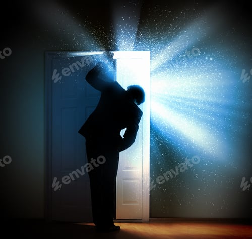 Preview: Image Of Young Businessman Standing With Back Opening Door