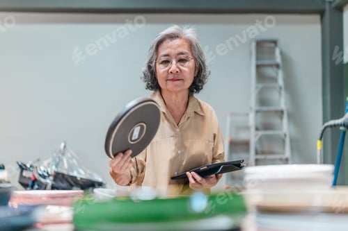 Preview: Senior Female Business Owner Inspecting Ceramics