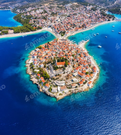 Preview: Primosten town, Croatia. View of the city from the air. Seascape with beach and old town.