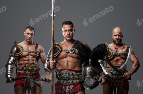 Preview: Warriors gladiators with swords and spear against gray background