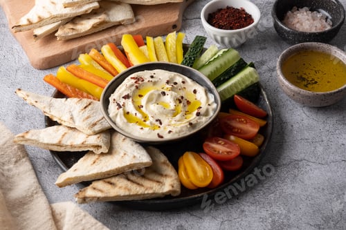 Preview: Hummus dip with chopped vegetables and pita.
