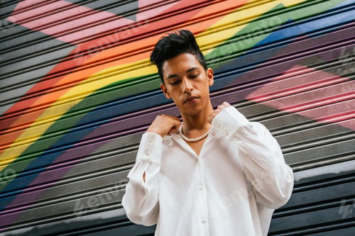 Preview: Hispanic man on a LGTB flag background