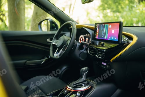 Preview: Steering wheel. Interior, front part of the modern car