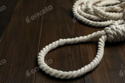 Preview: Rope noose on wooden table, closeup view