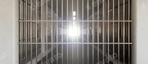 Preview: Prison corridor, jail cell and closed steel bar door, empty dark facility interior, 3d render