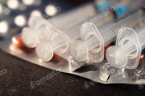 Preview: Closeup shot of pharmaceutical capsules, pills and syringes