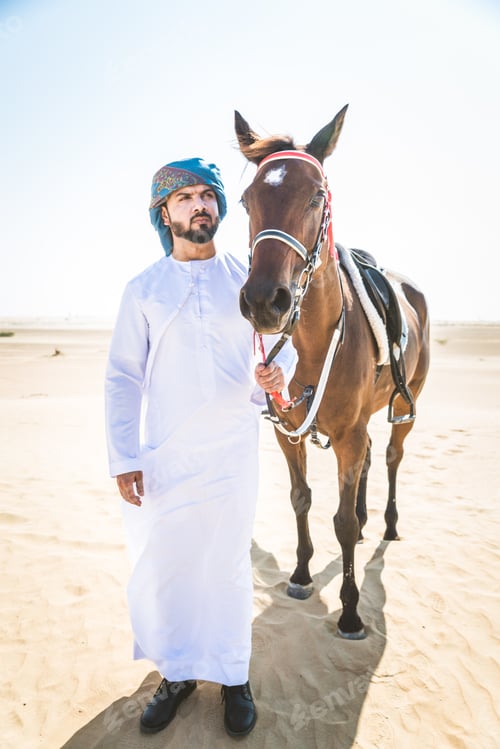 Preview: Arabian man with horse in the desert