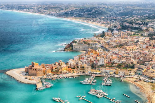 Preview: Unbelievable aerial cityscape of Castellammare del Golfo town.