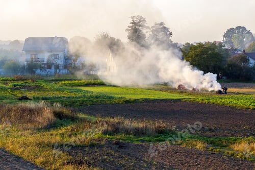 Preview: Farmer worker making a fire with toxic smoke of dry leaves