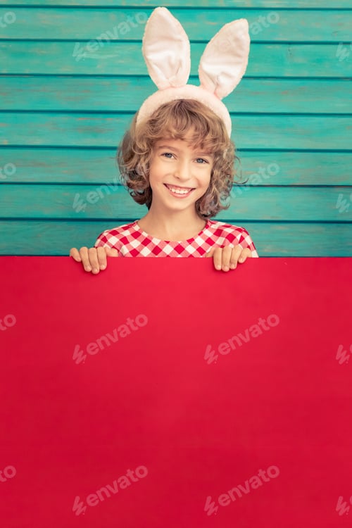 Preview: Smiling Child Holds Red Easter Blank Sign