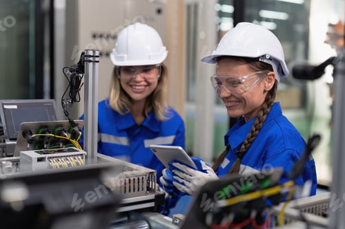 Preview: Female Electronics Factory Workers use tablet pc quality checking Circuit Boards after assembly