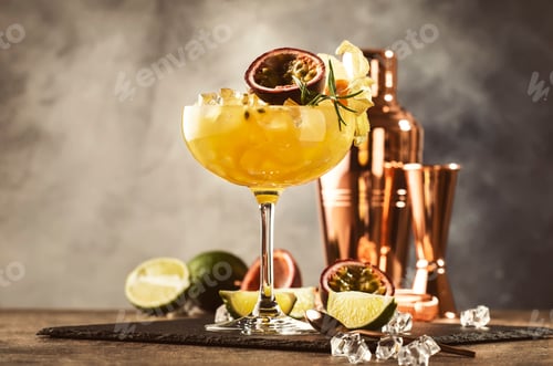 Preview: Passion fruit Alcoholic cocktail with gin, juice, rosemary and ice