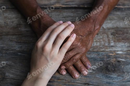 Preview: Close-up of elderly caregiver and daughter's hands.