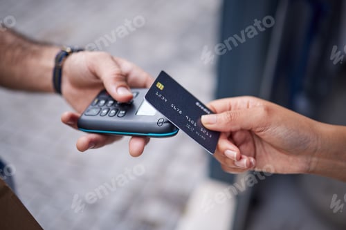 Preview: People, hands and credit card with pos in payment for electronic purchase, delivery or scanning by