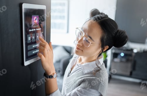 Preview: Cyber security, technology and Asian woman with security password in office, workspace and building