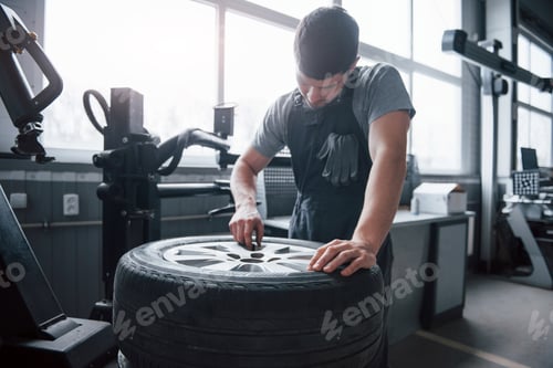 Preview: Careful with that. Young man works with wheel's disks at the workshop at daytime